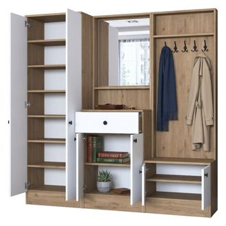 Dmora Mueble De Entrada Elmas, Espejo Incluido, Perchero, 11 Estantes, 179x36x183h Cm Blanco