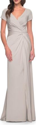 La Femme Elegant Evening Gown with V Neck and Knot in Silver at Nordstrom, Size 10