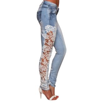 Generic Denim Jeans for Women Sale Clearance Lace Floral Hollow Out Skinny Jeans Slim Fit Casual Stretch Trousers Low Rise Denim Pants Plus Size Casual Trouse