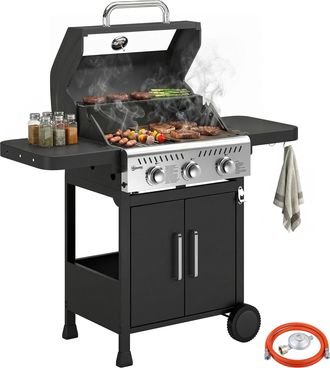 OUTSUNNY Barbacoa De Gas Con 3 Quemadores 7,5 Kw Term&oacute;metro Mesas Laterales Armario Rejilla Calentadora Parrilla Plancha Tapa Con Ventana Y Ruedas