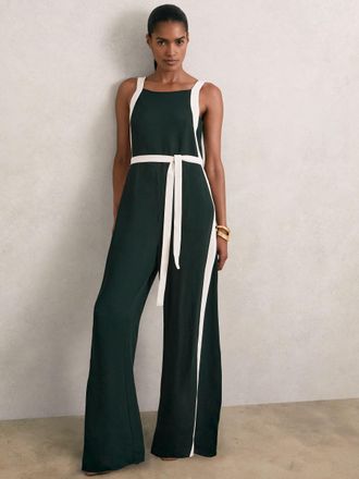 Reiss Dark Green & cream Petite Colourblock Wide Leg Belted Jumpsuit, 12