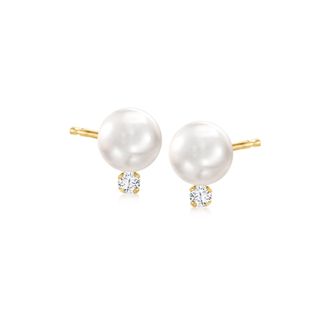 Ross-Simons 7-7.5mm Cultured Akoya Pearl and. Diamond Accent Earrings in 14kt Yellow Gold