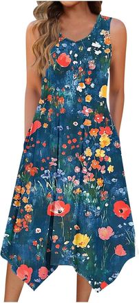Generic Summer Dresses for Women UK Crew Neck Sleeveless Midi Sundress Loose Flowy Beach Dress Irregular Flare Swing Dress with Pockets Summer Casual Print Va