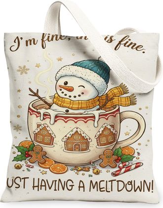 Generic Christmas Snow Man Canvas Tote Bags, Festive Holiday Pattern Reusable Grocery Bags, Cute Lightweight Washable Shoulder Stra, White, 13x15 Inch