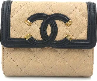 Chanel Beige Black Grained Calfskin Wallet (Tri-Fold) (Pre-Owned)