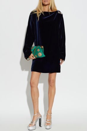 Versace Velvet Dress With Long Sleeves, Womens, Navy Blue