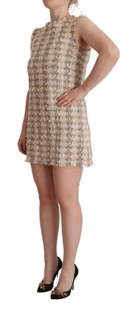 Dolce & Gabbana Womens Beige Checkered Sleeveless Mini Shift Dress Cotton Nylon Wool Viscose