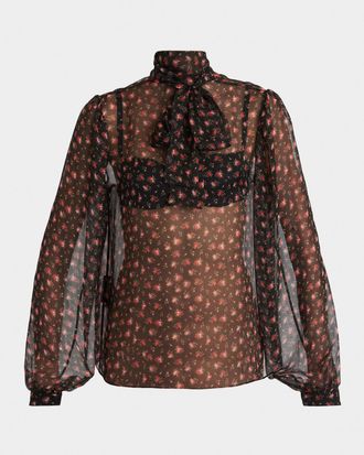 Dolce & Gabbana Rose-Print Chiffon Bow-Neck Blouse