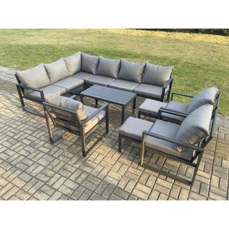 Fimous Fimous Aluminium Garden Furniture Set Outdoor Indoor Lounge Corner Sofa 3 Pcs Chair Oblong Coffee Table Sets with 2 Small Footstools Dark Grey