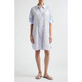 Toteme Long Summer Long Sleeve Logo Embroidered Shirtdress in Sky/red at Nordstrom, Size 34