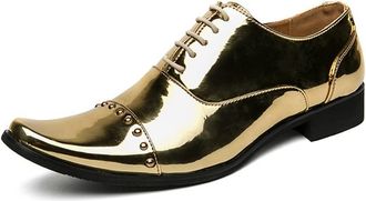 Generic Formal Shoes for Men Lace Up Shiny Faux Leather Cap Toe Slip Resistant Block Heel Anti-Slip Wedding(Golden,6.5 UK)