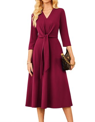 Grace Karin Work Dresses for Women 2025,Business Casual 3/4 Sleeve Midi Dress,Office A Line Dresses, Wine Red, L