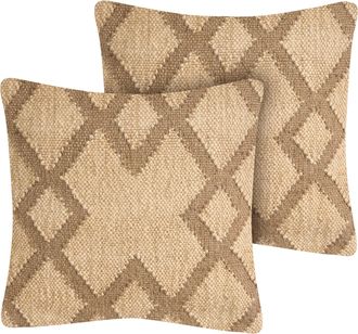 Beliani Conjunto De 2 Cojines Patr&oacute;n Geom&eacute;trico Tapizado De Yute Y Lana 45 X 45 Cm Beige Y Marr&oacute;n Claro Gopi