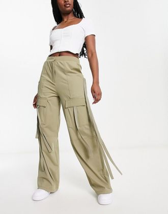 Asos wide leg cargo pants with strapping detail in khaki-Green