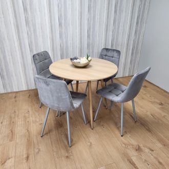 Kosy Koala Round Oak Effect Kitchen Dining Table With 4 Grey Velvet Tufted Chairs Dining Set
