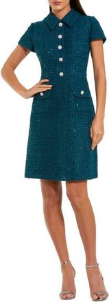 Mac Duggal Boucle Collared Button Up Mini Dress in Teal at Nordstrom, Size X-Small
