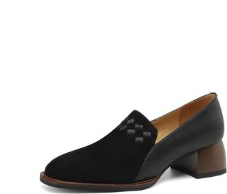 TinaCus Womens Genuine Leather Square Toe Weave Patchwork Handmade Loafers Shoes, Black, 8.5 UK