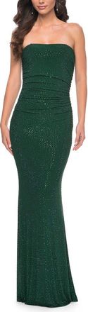 La Femme Rhinestone Embellished Strapless Ruched Prom Dress in Emerald at Nordstrom, Size 00