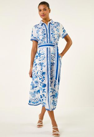 Roman Floral Border Print Collared Shirt Dress