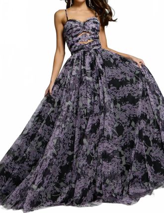 Jovani Floral Print Gown In Black