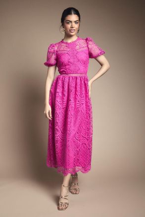 Oasis Womens Lace Puff Sleeve Fit and Flare Midi Dress - Purple - Size 12 UK