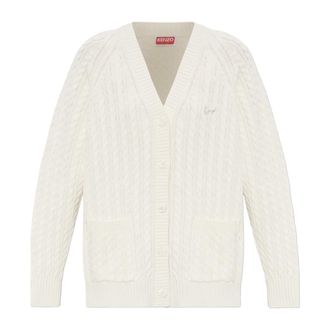 Kenzo Truien & Vesten, Dames, Beige, XS, Katoen, Gebreide Cardigan met Rolkraag en Decoratieve Steken