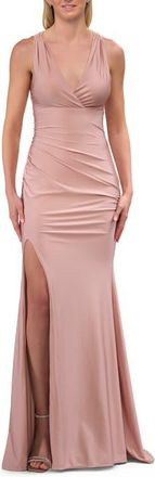 La Femme Sleek Prom Dress with Deep V-Neckline and Tie Back in Mauve at Nordstrom, Size 10