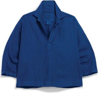 Frank & Eileen Gabi Crop Linen Popover Shirt in Cabo Blue at Nordstrom, Size X-Small