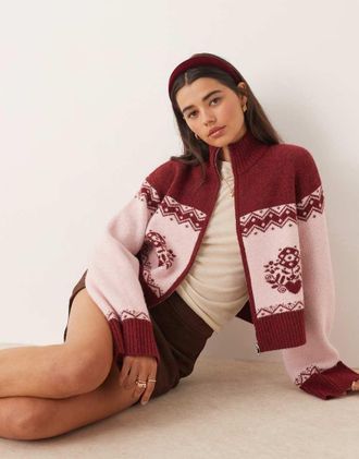 Miss Selfridge Cardigan color prugna con zip e motivo decorativo-Multicolore