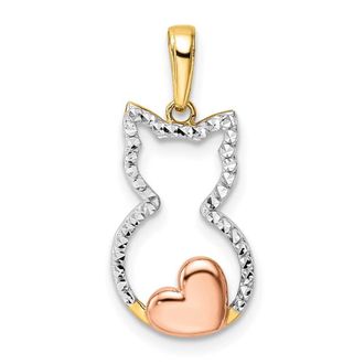 Diamond2Deal 14k Yellow Gold and White and Rose Rhodium Diamond-cut Cat with Heart Pendant