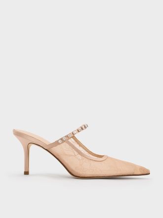 Charles & Keith Lace & Satin Crystal Heeled Mules