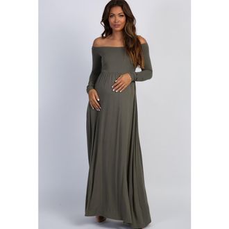 Pinkblush Solid Off Shoulder Maternity Maxi Dress in Olive Green at Nordstrom, Size Medium