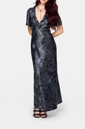 Disturbia Ophion Print Satin Maxi Dress in Charcoal at Nordstrom, Size 10