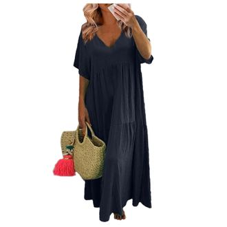 Generic Linen Maxi Dress for Women Summer Cotton Linen V-Neck Short Sleeve Baggy Outfits Oversized Boho Vacation Dresses