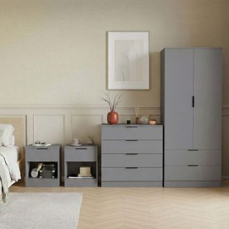 Home Discount Trega 4pc Bedroom Furniture Unit - 2x Bedside, 4 Drawer Chest & 2 Door Wardrobe, Grey