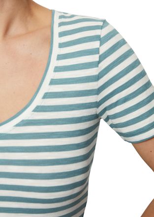Marc O'Polo T-Shirt MARC OPOLO, Damen, Gr. S, blau (multi, soft teal), Single Jersey, Obermaterial: 100% Baumwolle, V-Ausschnitt, Shirts T-Shirt, abgerundeter V-n