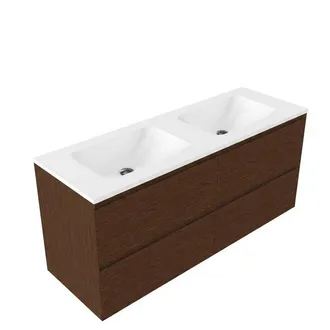 Saniclass Holz Pure Badkamermeubelset - 140x45x77.5cm - Torino solid surface wastafel wit - zonder kraangat - 4 lades - mat walnut pure (hout)