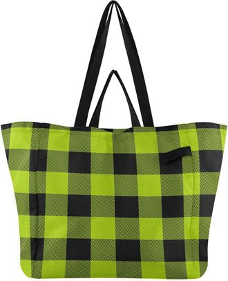 Generic Black Green Plaid print Reusable Canvas Tote Bag, Heavy Duty Grocery Shopping Bag with Large Capacity Double Handles Hard Bottom Work Groceries Travel