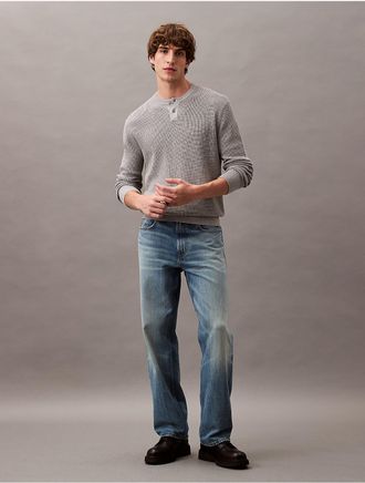 Calvin Klein Mens Smooth Cotton Waffle Henley Sweater - Grey - XS