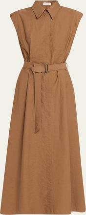 Brunello Cucinelli Crispy Diagonal Cotton Belted Midi Shirtdress
