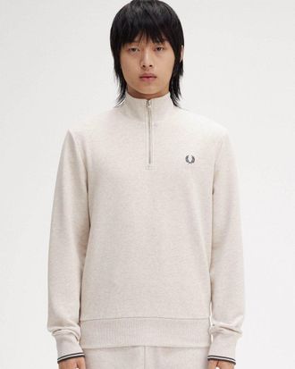 Fred Perry Mens Half Zip Sweatshirt in Ivory Cotton - Size Medium