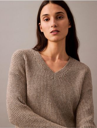 Calvin Klein Womens Ribbed Knit V-Neck Sweater - Grey - XS