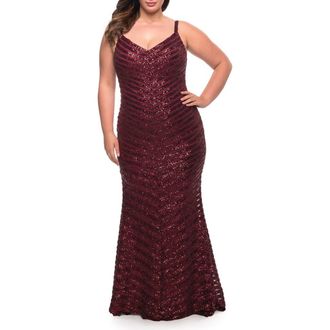 La Femme Thick Line Sequin Print Plus Size Gown with V-Neck in Wine at Nordstrom, Size 12W