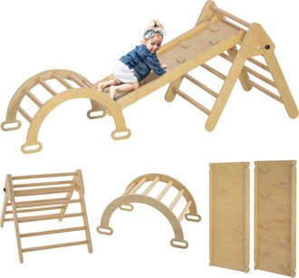 OEM 5 En 1 Tri&aacute;ngulo De Escalada De Madera Plegable Con Rampa Escalador De Arco Para Ni&ntilde;os 178x64,5x63 Cm Madera Natural
