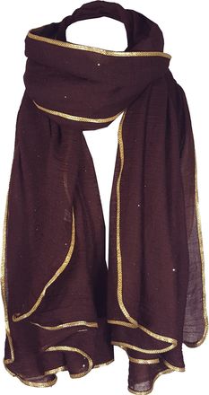 World of Shawls Seasonal Special New Ladies Womens Glitter Sparkle Stardust with Gold Piping Scarf Scarves Maxi Wrap (Brown)
