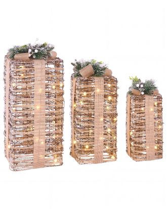 Beliani Set Di 3 Scatole Regalo Natalizie Decorative Marroni E Beige Con Fiocchi E Luci Led Bianco Caldo Per Interni Valkama