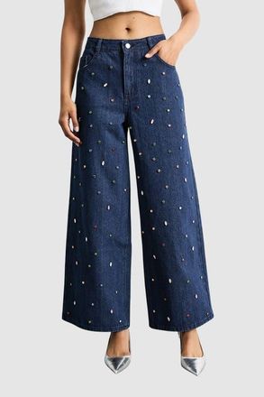 Warehouse Hotfix Embellished Wide Leg Jean in Indigo at Nordstrom, Size 10