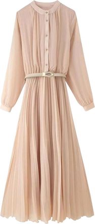 Generic Women Pleated Long Sleeve Belted Dress Single Breasted O Neck Elegant Holiday Party Outfit