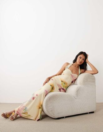 Asos Vestito lungo a sirena in rete color latticello con scollo a cuore e stampa a fiori-Giallo