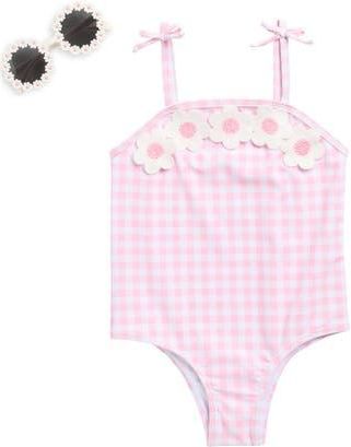 Nicole Miller Kids Floral Appliqu&eacute; Gingham One-Piece Swimsuit & Sunglasses Set in Orchid Pink at Nordstrom Rack, Size 2T
